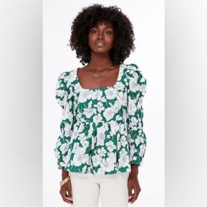 Hyacinth House for Tuckernuck Green Floral Clemons Blouse XS NWOT